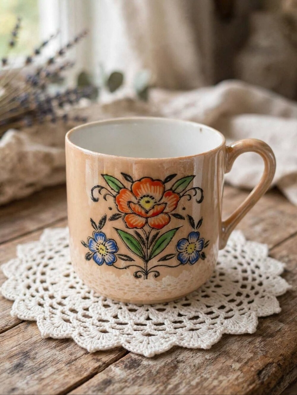 Vintage Miniature Peach Lusterware Cup Hand Painted Floral Made in Japan